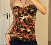 BXOXO Vintage Floral Print Backless Camis y2k Aesthetic Sleeveless Skinny Lace-up Halter Crop Top Women Summer Holiday Tee Lady